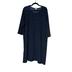 J.Jill‎ Women’s 2X Navy Blue Knit Shift Dress Windowpane Plaid 3/4 Sleeve Plus